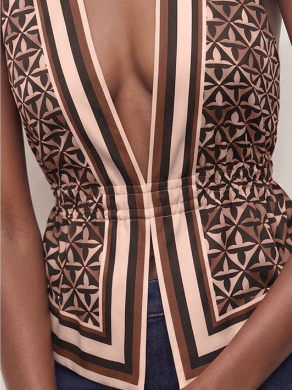 Commense Brown and Cream Striped Geometric V-Neck Camisole